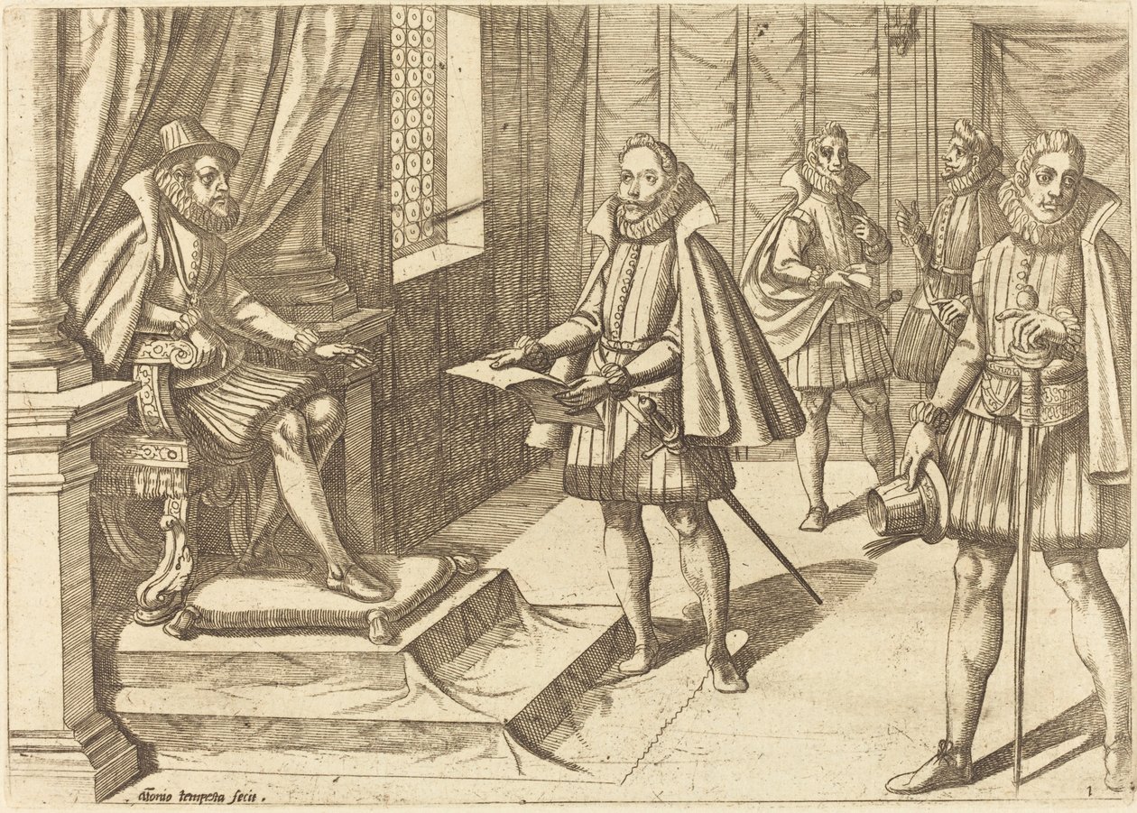 Philipp II. von Spanien auf seinem Thron von Antonio Tempesta