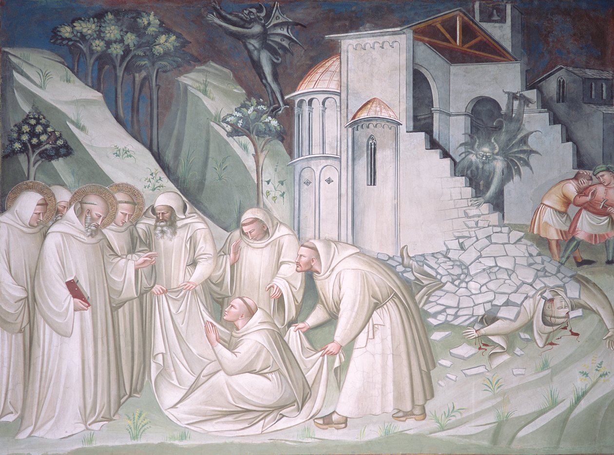 Die Gründung von Montecassino und das Wunder der Auferweckung des Mönchs, Sagrestia von Aretino Luca Spinello or Spinelli