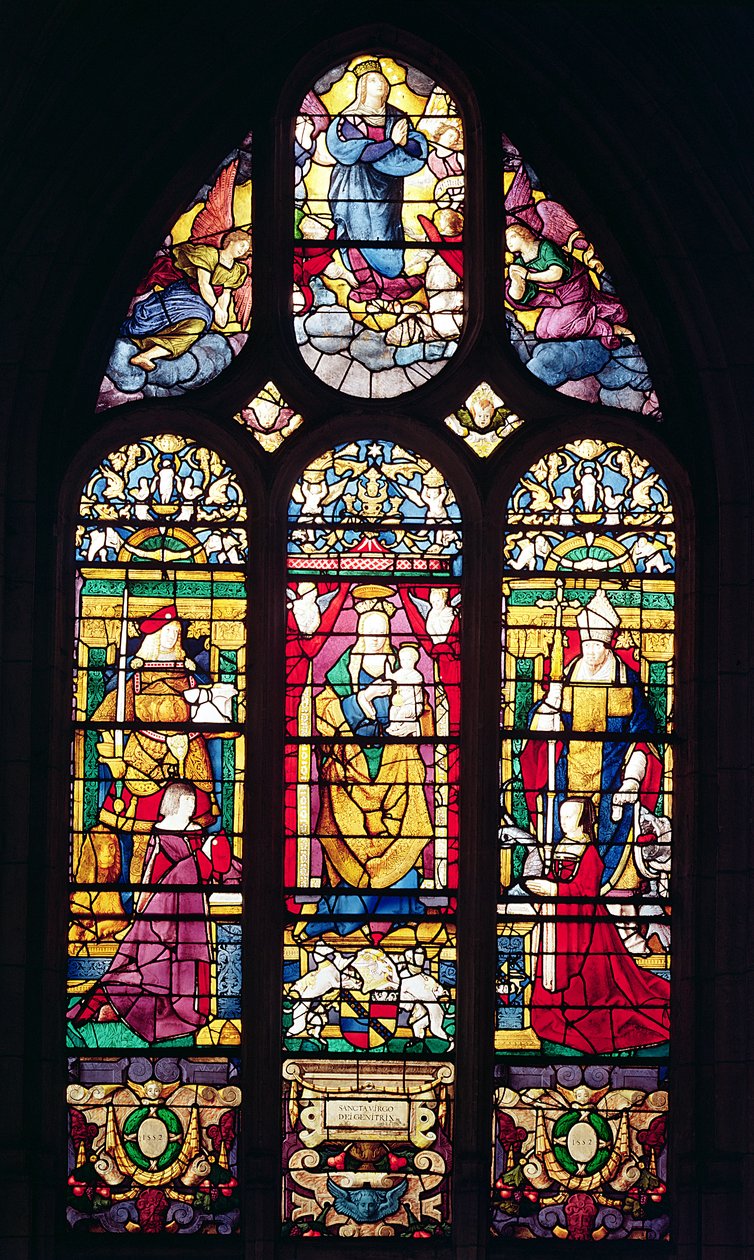 Fenster, das die Jungfrau und das Kind umgeben von St. Adrian, St. Romain und den Stiftern darstellt, 1510 von Arnoult de Nimegue