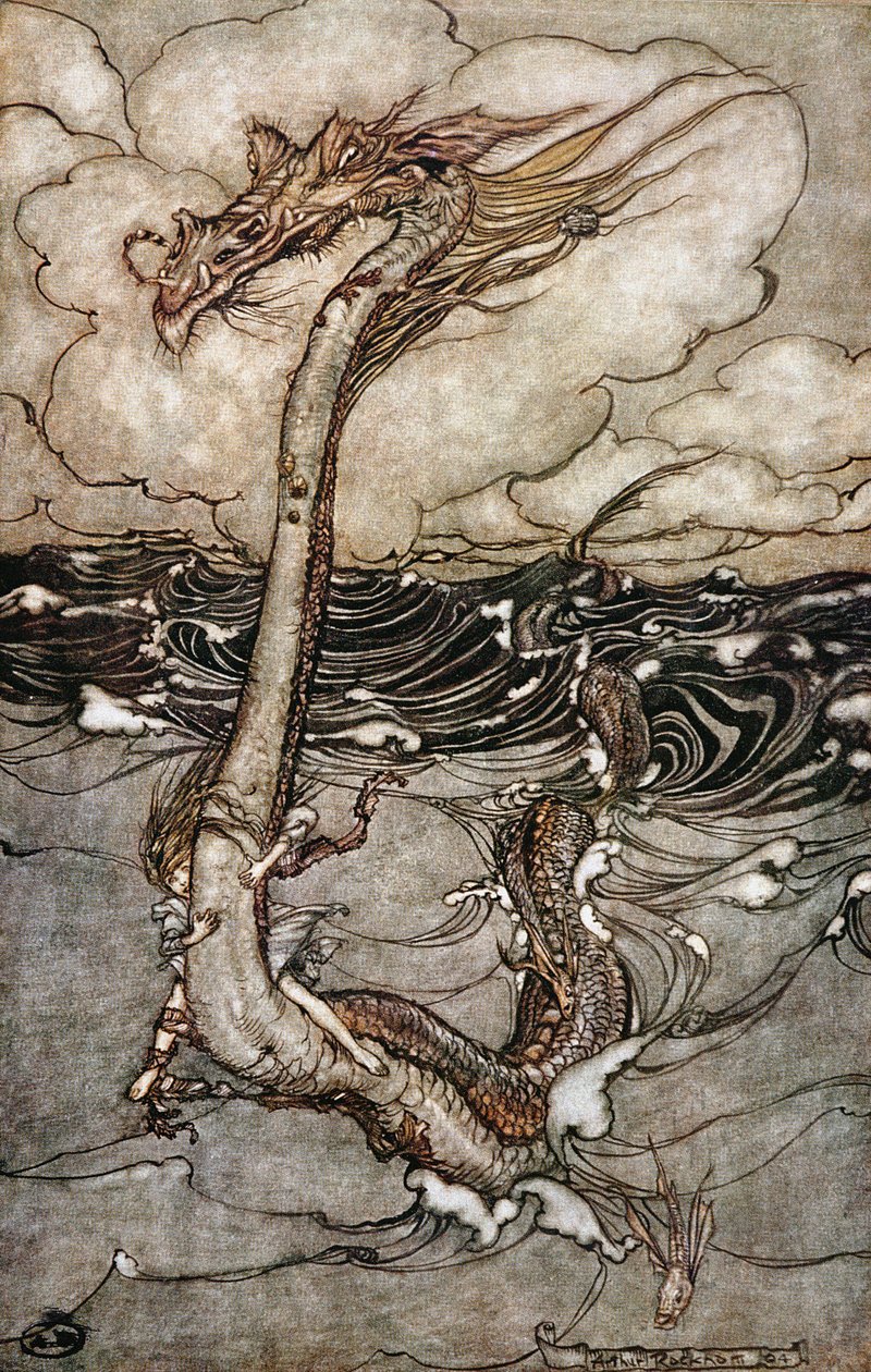 Ein junges Mädchen reitet auf einem Seeschlange, 1904 von Arthur Rackham