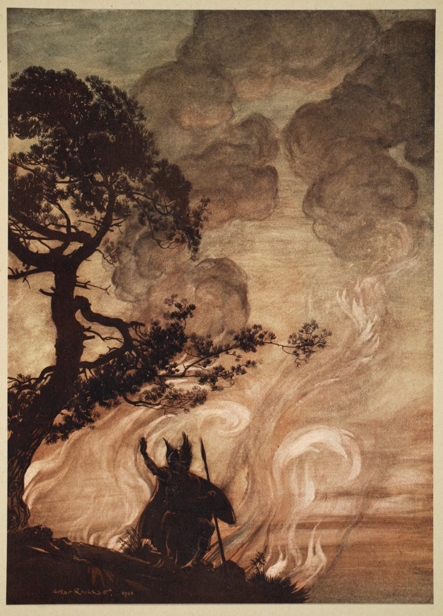 Als er sich langsam entfernt, dreht sich Wotan um und blickt traurig auf Brünnhilde zurück, Illustration aus 