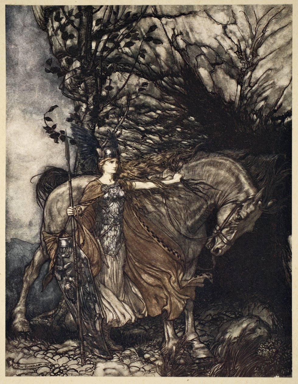 Brunnhilde mit ihrem Pferd am Höhleneingang, Illustration aus 