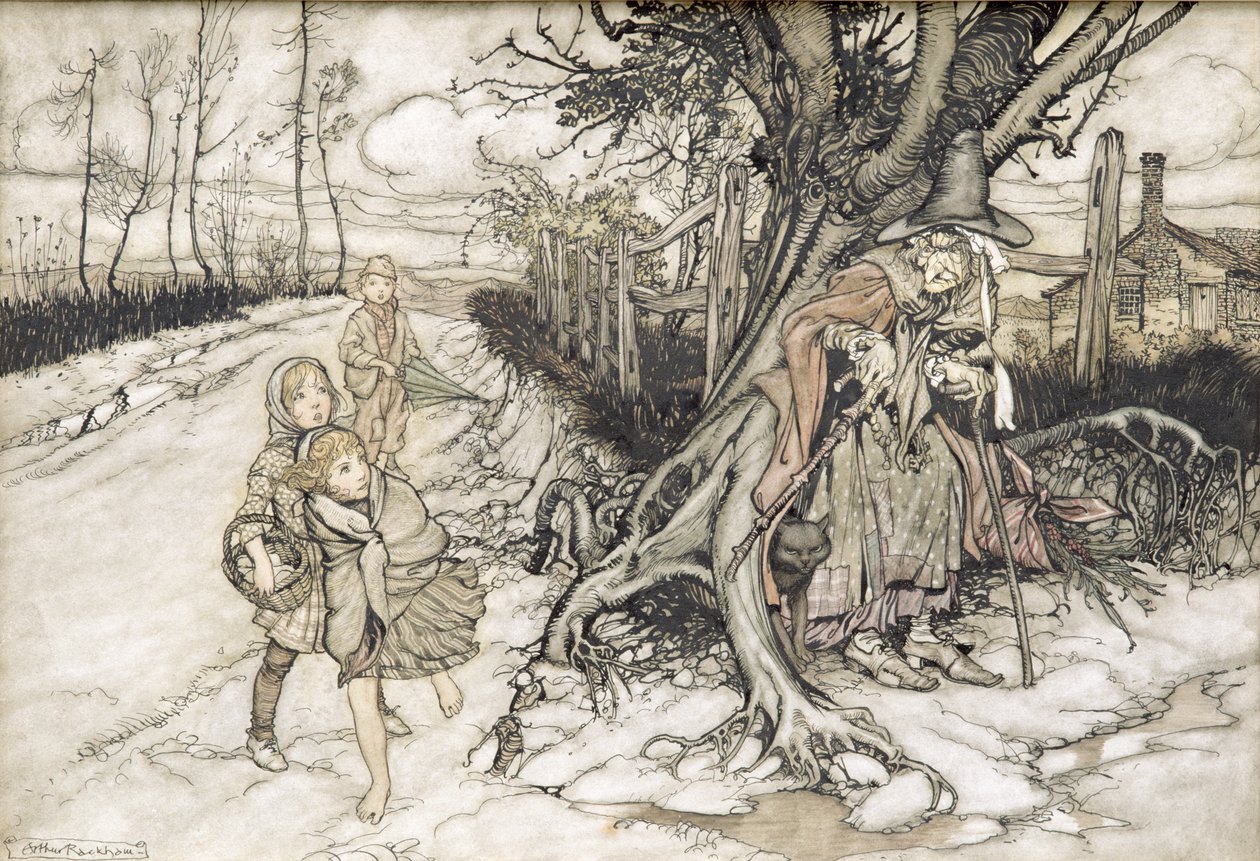 Kinder erschreckt von einer Hexe von Arthur Rackham
