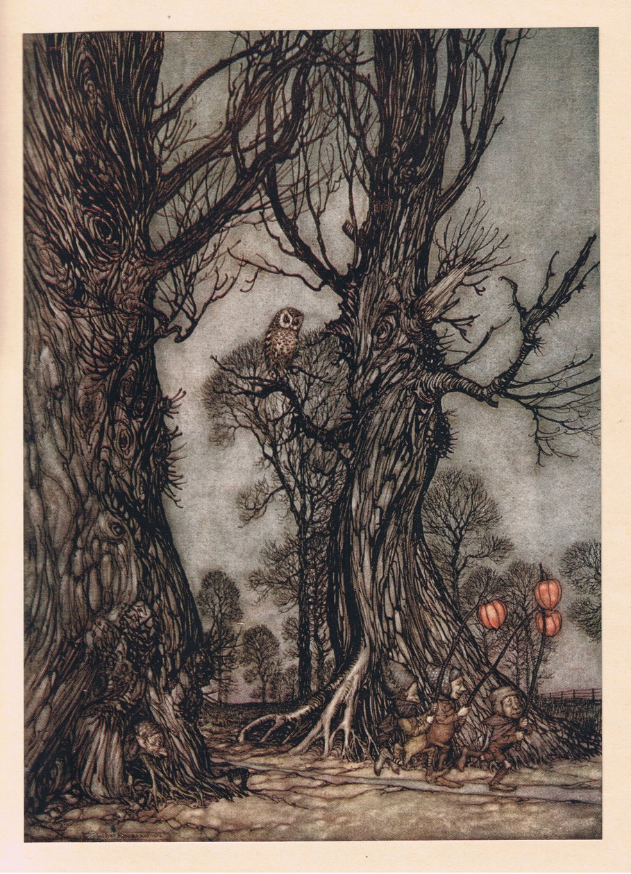 Fackelträger vorne, die Winterkirschen tragen von Arthur Rackham
