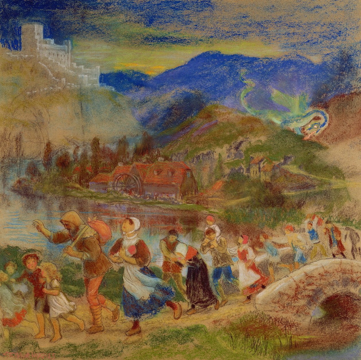 Dorfbewohner fliehen vor einem Drachen von Arthur Hughes