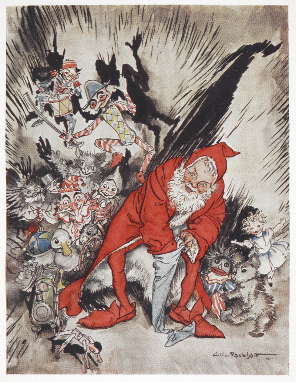 Weihnachtsmann umgeben von Geschenken von Arthur Rackham