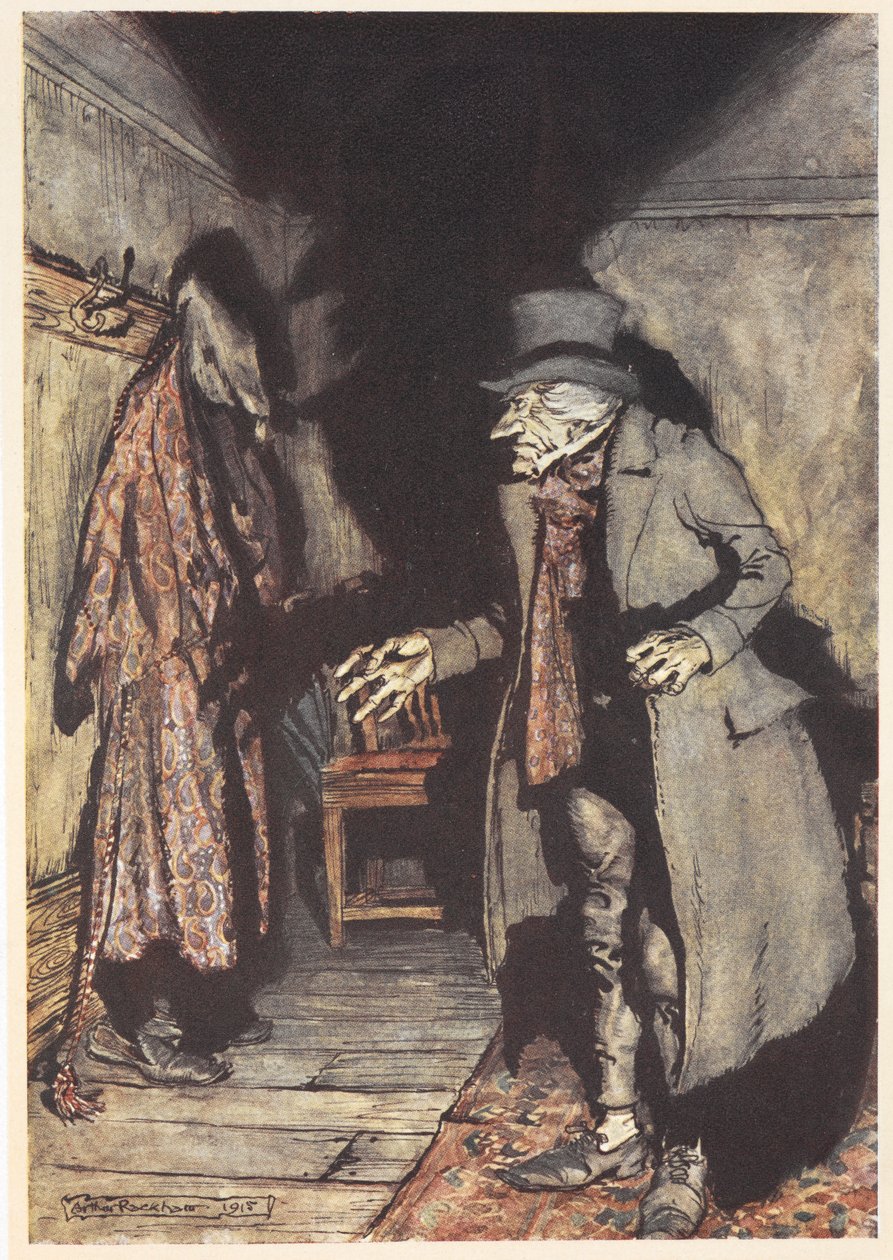 Scrooge in seinem Haus bei Nacht von Arthur Rackham