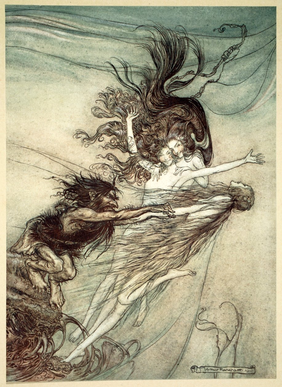 Die Rheintöchter necken Alberich, 1910 von Arthur Rackham