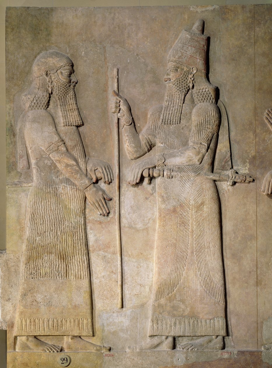 Relief, das Sargon II. (721-705 v. Chr.) und einen Wesir darstellt, aus dem Palast von Sargon II. in Khorsabad, Irak von Assyrian