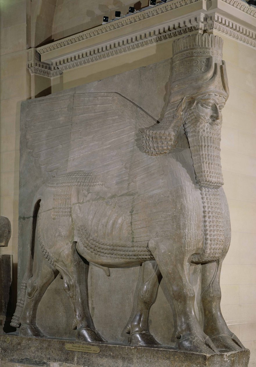 Geflügelter Stier von der Fassade des Palastes von König Sargon II. in Khorsabad, Irak (Gips) von Assyrian