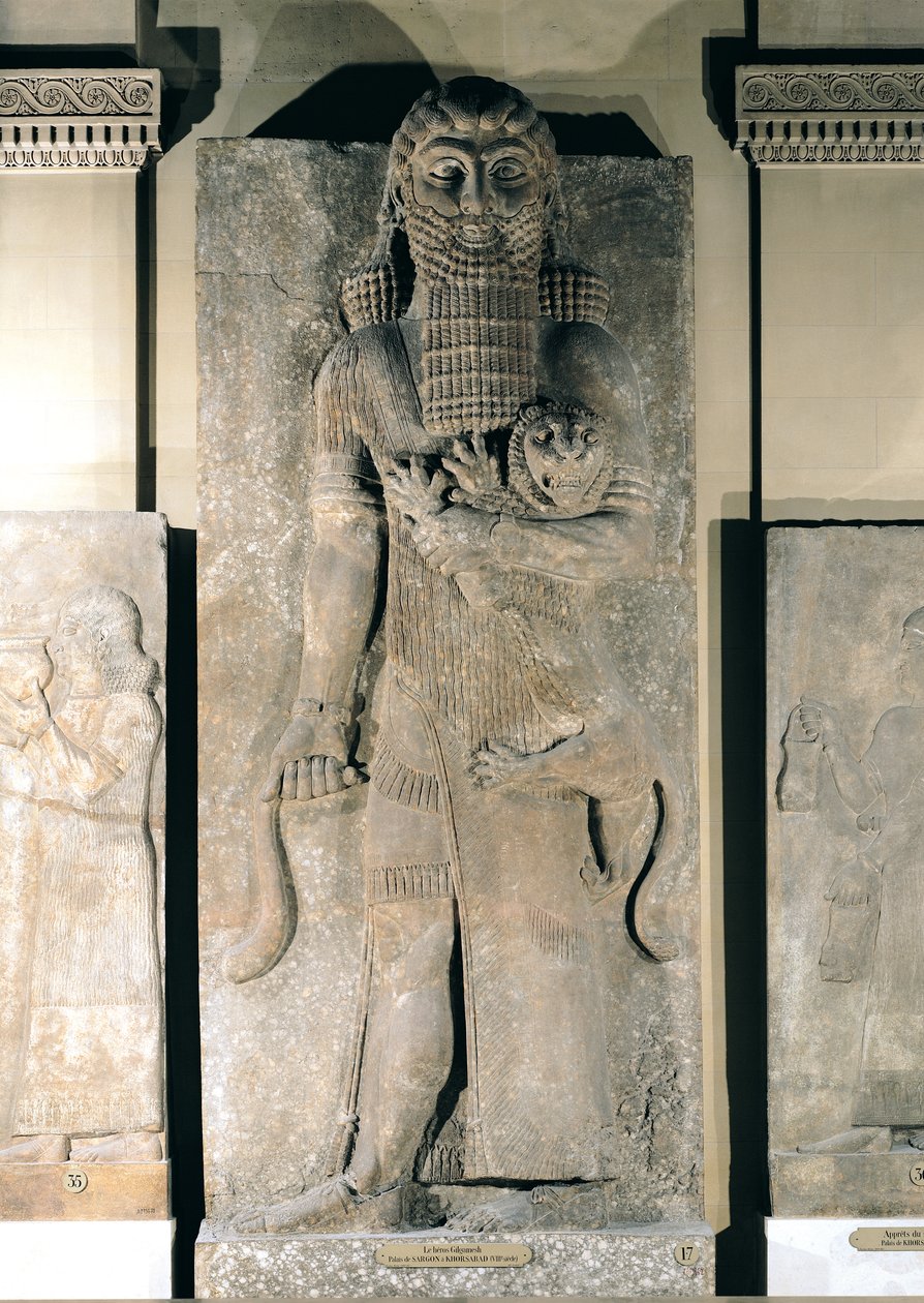 Der Held Gilgamesch hält einen Löwen, den er gefangen hat, Steinrelief aus dem Palast von Sargon II. in Khorsabad (Irak), ca. 725 v. Chr. von Assyrian School