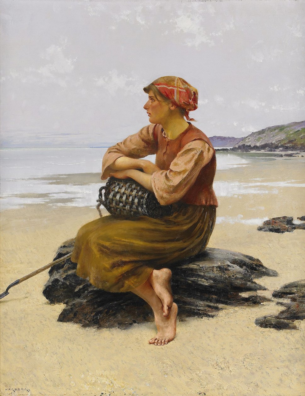 Sitzende Austernsammlerin am Strand von August Hagborg