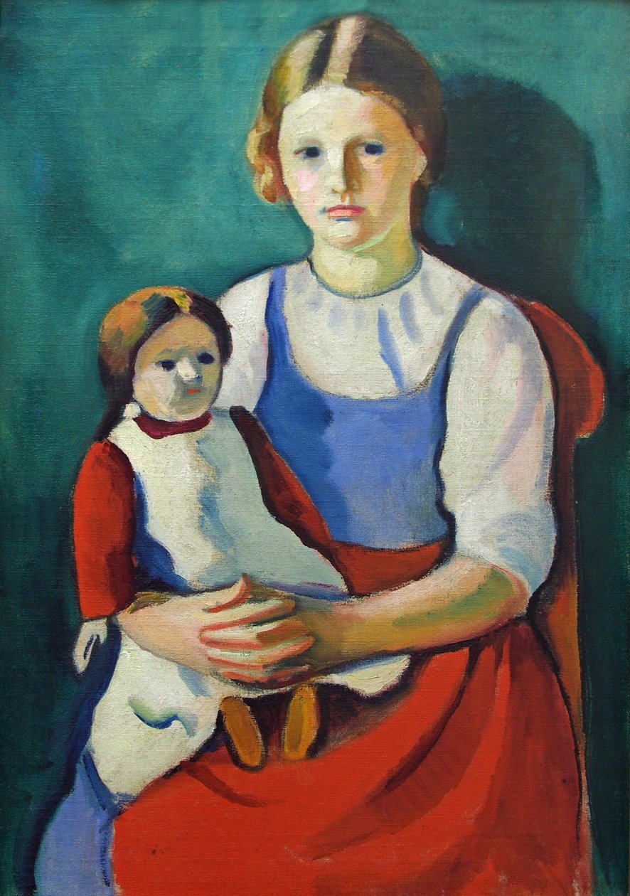 Blondes Mädchen mit Puppe von August Macke