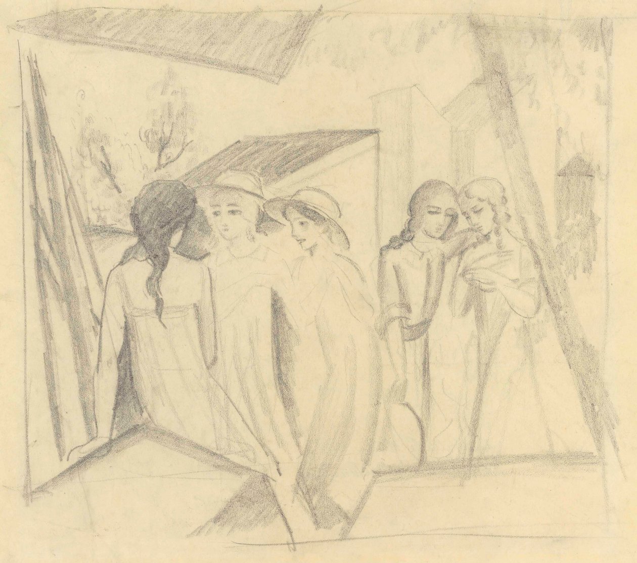 Fünf Mädchen auf dem Balkon von August Macke