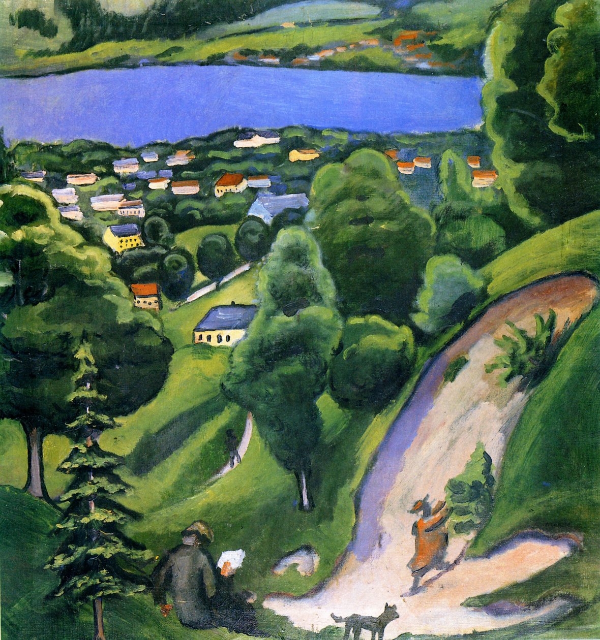 Landschaft am Tegernsee mit lesendem Mann von August Macke