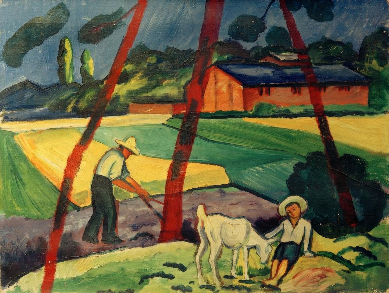 Landschaft mit Bauer, Junge und Ziege von August Macke