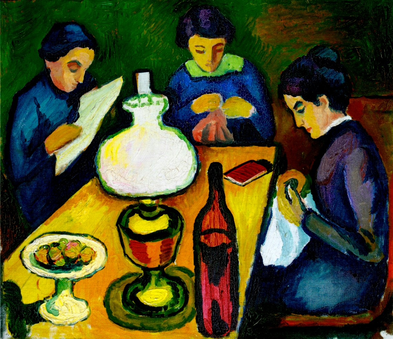 Drei Frauen am Tisch bei der Lampe von August Macke