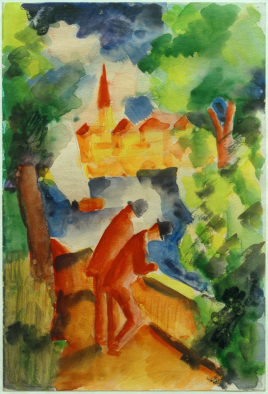 Männer auf der Terrasse am See von August Macke