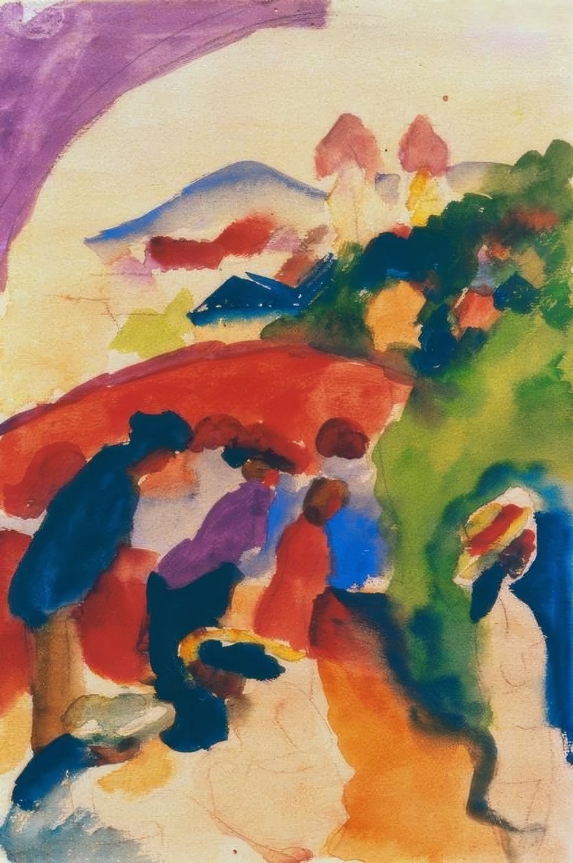 Spaziergänger mit Stadt von August Macke