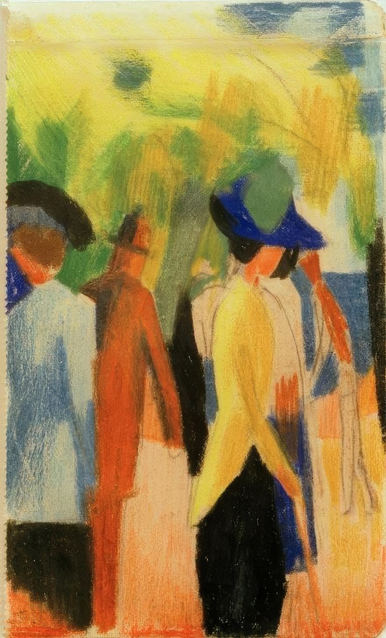 Spaziergänger unter Bäumen (Spaziergänger im Park) von August Macke