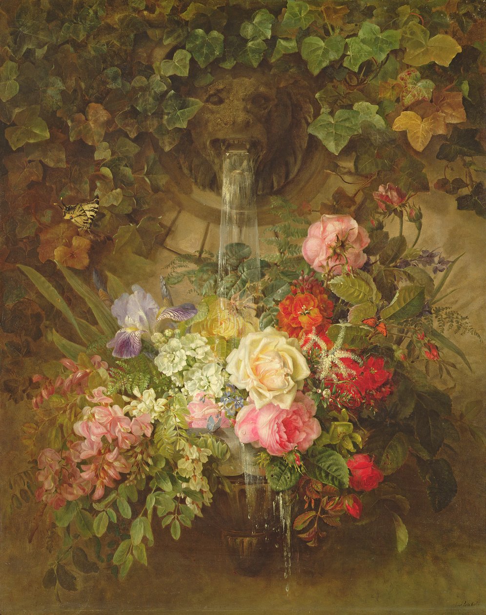 Blumen unter einem Löwenbrunnen von Auguste Wilhelmine Reichelt