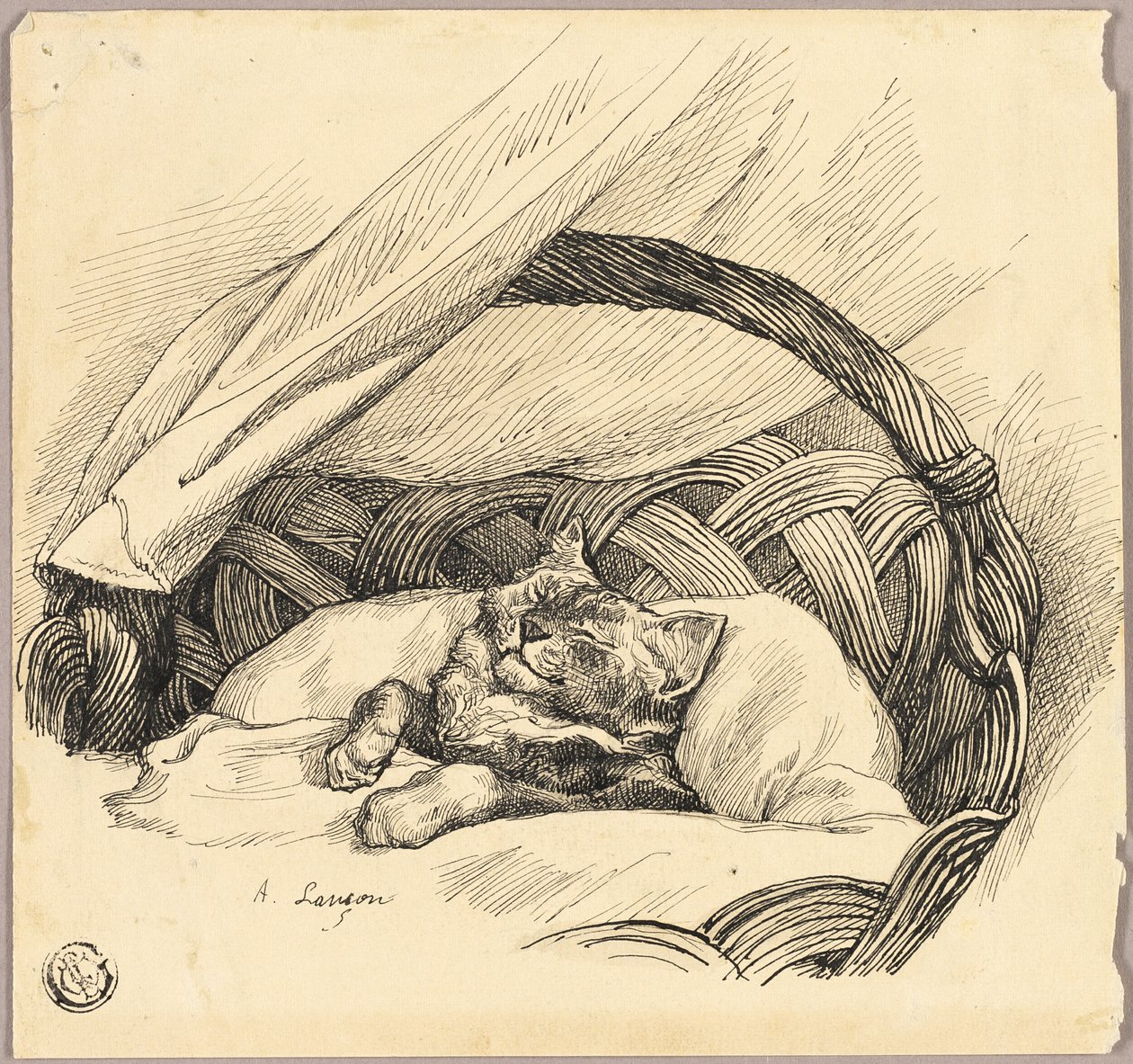 Schlafende Katze im Korb von Auguste Andre Lancon