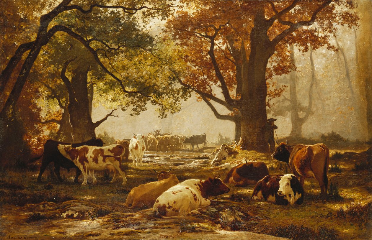 Rinder in einer bewaldeten Flusslandschaft von Auguste Francois Bonheur