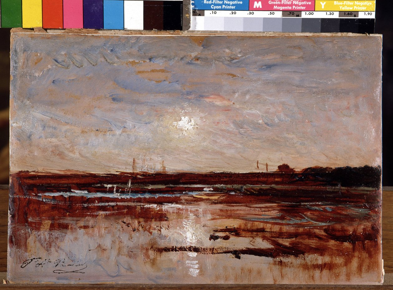 Sonnenuntergang an einem Teich von Auguste Francois Ravier