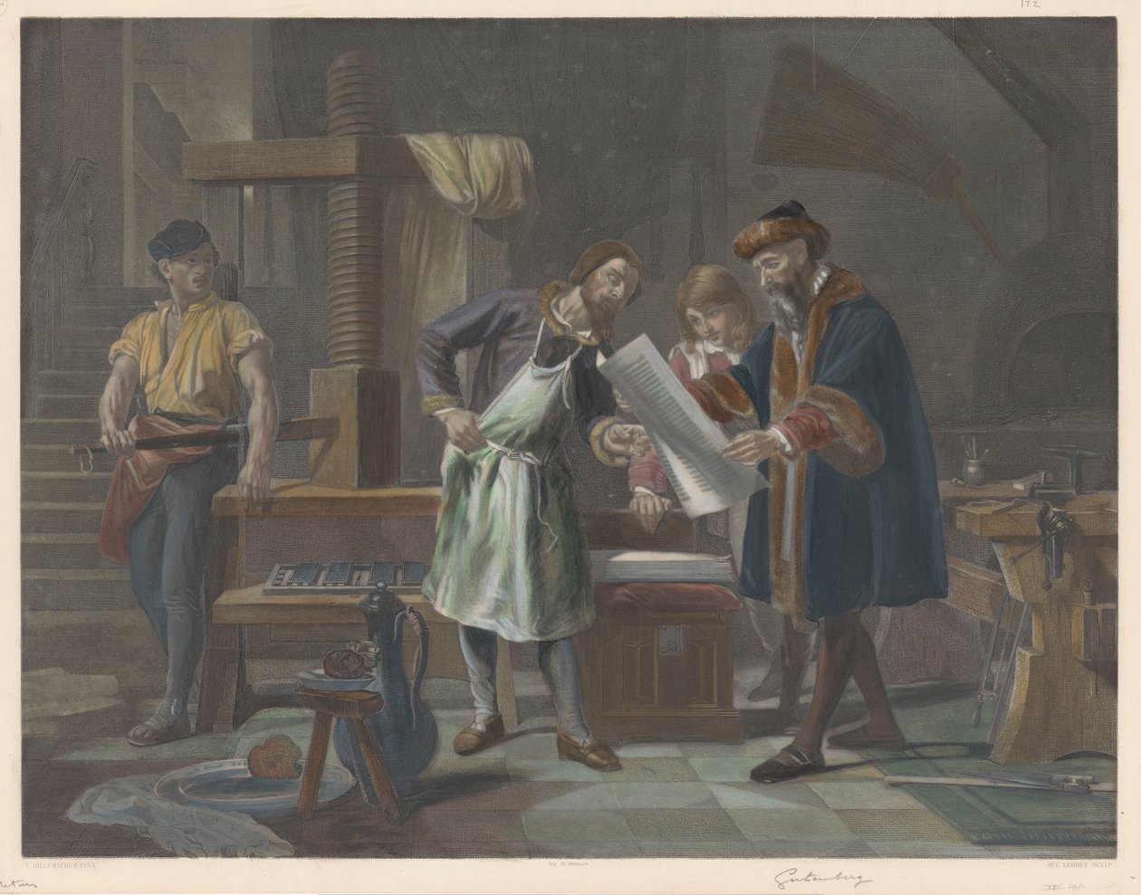 Innenraum der Druckerei von Johannes Gutenberg von Auguste Ledoux