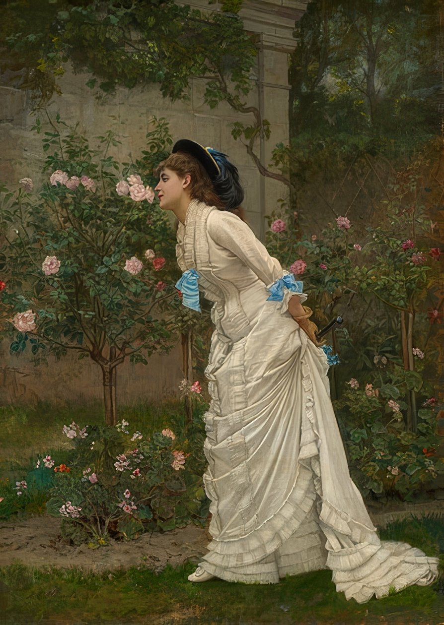 Dame an Rosen riechend von Auguste Toulmouche