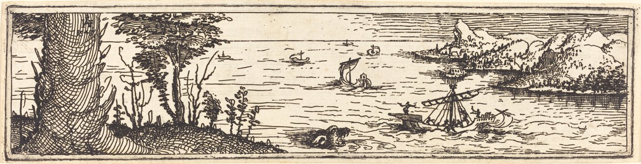 Landschaft mit einem See und Segelschiffen von Augustin Hirschvogel