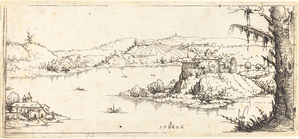 Landschaft mit großem See in der Mitte von Augustin Hirschvogel