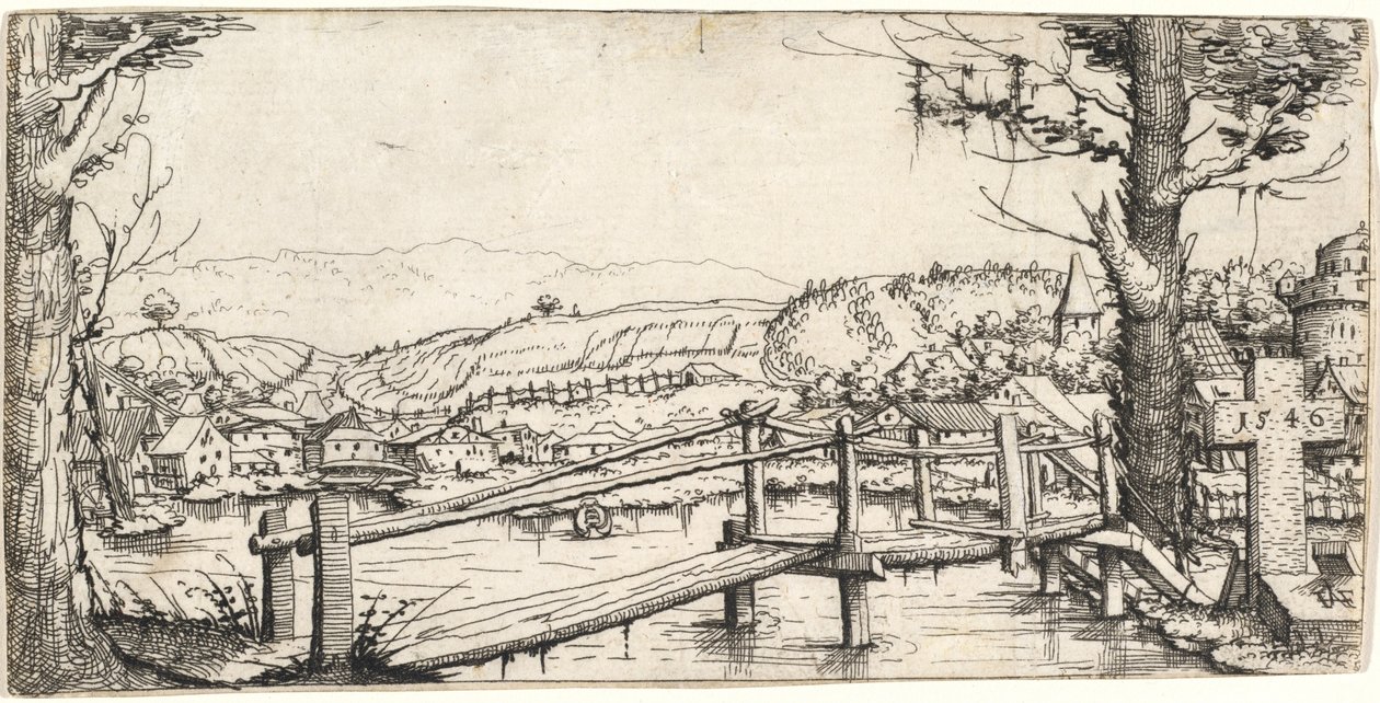 Flusslandschaft mit einer Fußbrücke von Augustin Hirschvogel