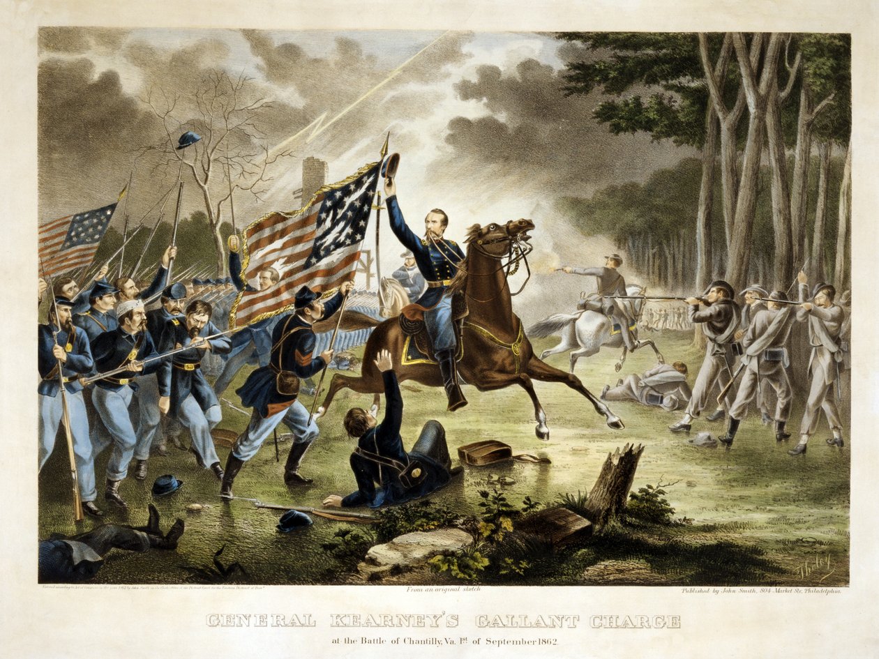 General Kearneys tapferer Angriff in der Schlacht von Chantilly, Va., 1. September 1862, veröffentlicht 1862 von Augustus Tholey