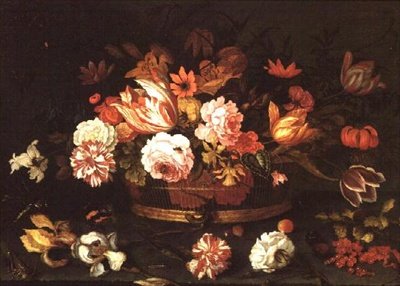 Rosen, Tulpen in einem Korb von Balthasar van der Ast