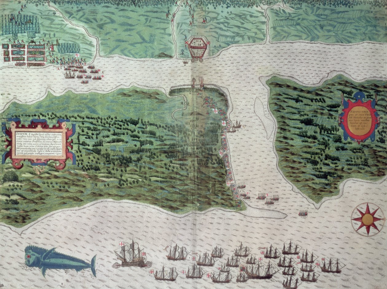 Karte, die die Zerstörung der spanischen Kolonie St. Augustine in Florida am 7. Juli 1586 durch die englische Flotte unter dem Kommando von Sir Francis Drake (1540-96) darstellt, 1589 von Baptista Boazio