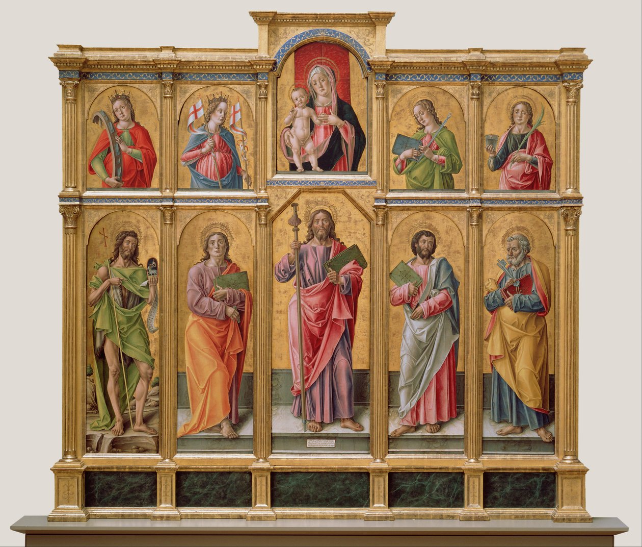 Polyptychon mit dem Heiligen Jakobus Major, Madonna mit Kind und Heiligen von Bartolomeo Vivarini