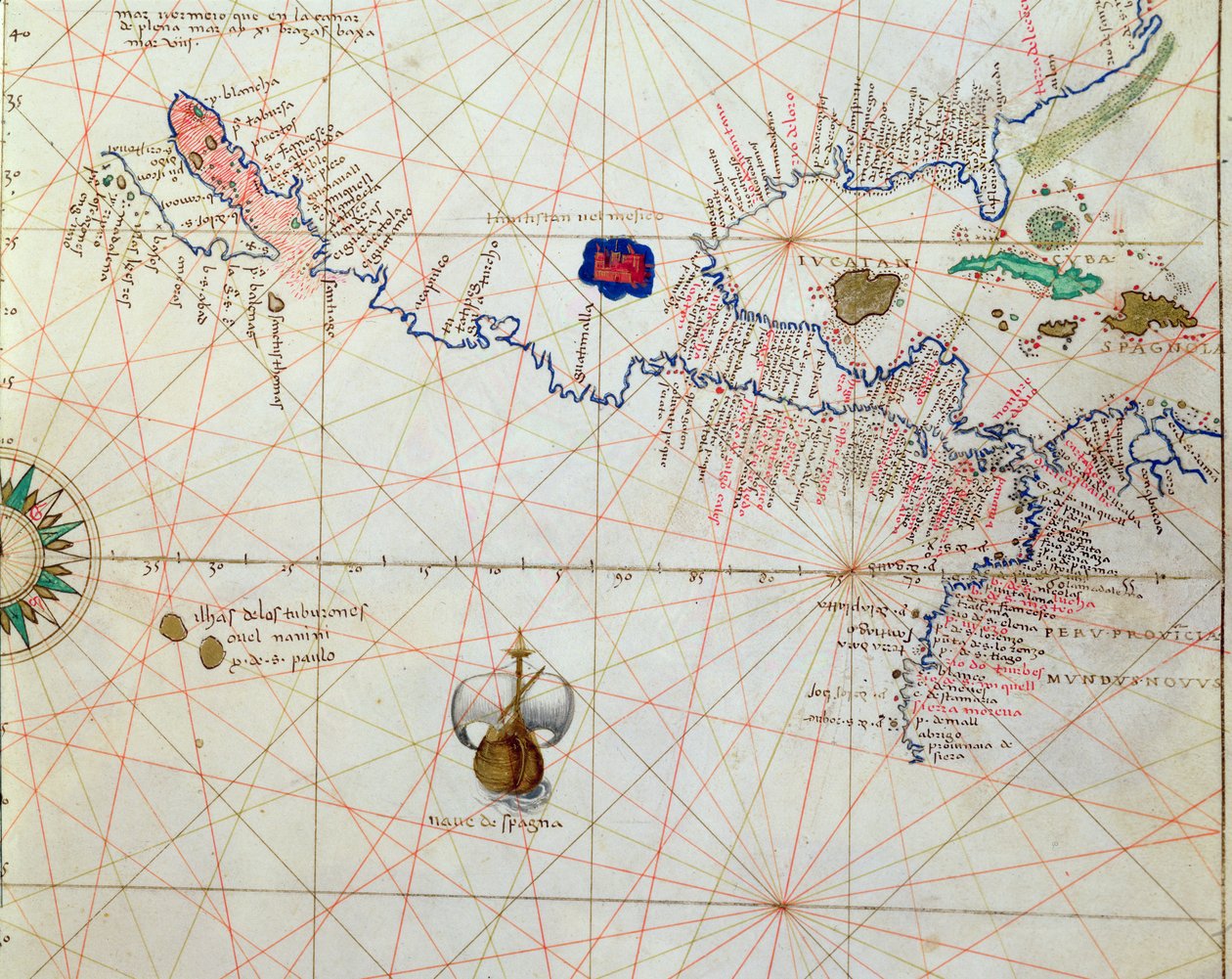 Zentralamerika, aus einem Atlas der Welt in 33 Karten, Venedig, 1. September 1553 (Detail) von Battista Agnese