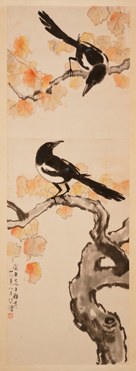 Zwei Elstern auf einem Baum mit roten Blättern von Beihong Xu