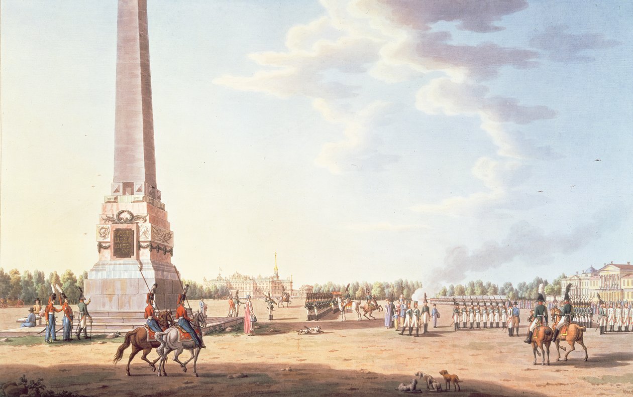 Der Obelisk zu den Siegen von Roumaintzof und die Statue von Souvorof in St. Petersburg von Benjamin Patersson