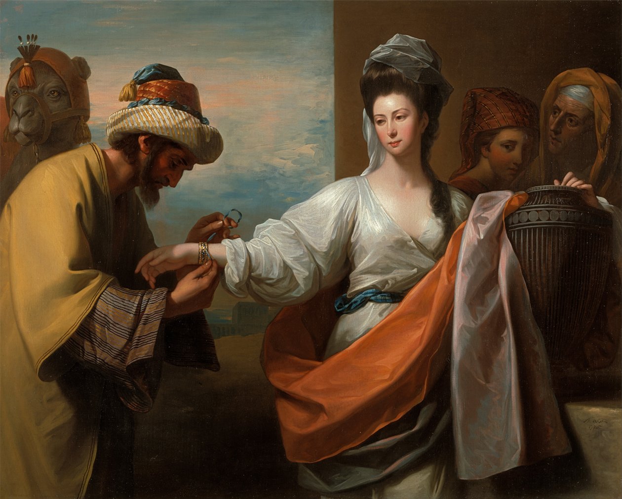 Isaaks Diener bindet das Armband an Rebeccas Arm von Benjamin West