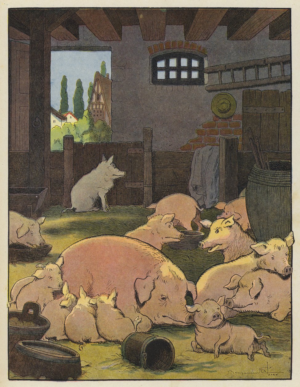 Schweine im Schweinestall von Benjamin Rabier