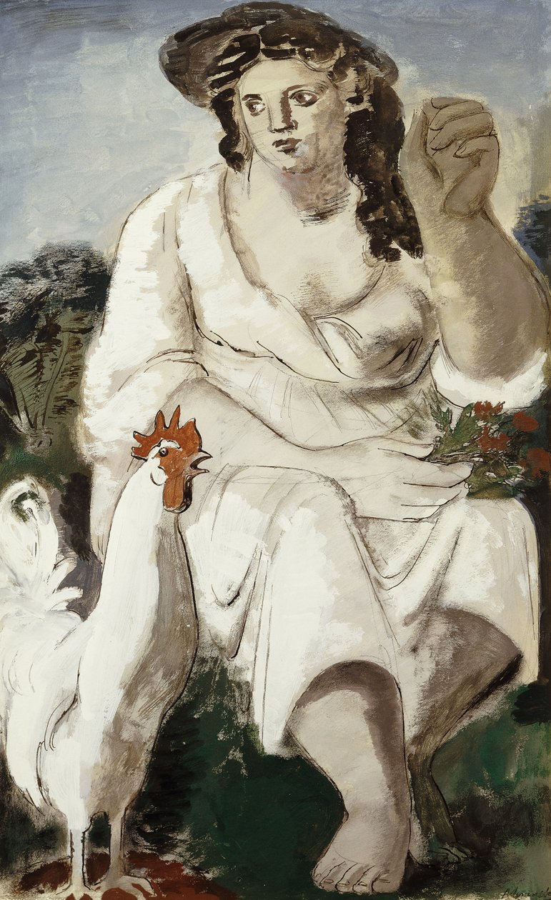 Bauernmädchen und Weißer Hahn von Bernard Meninsky