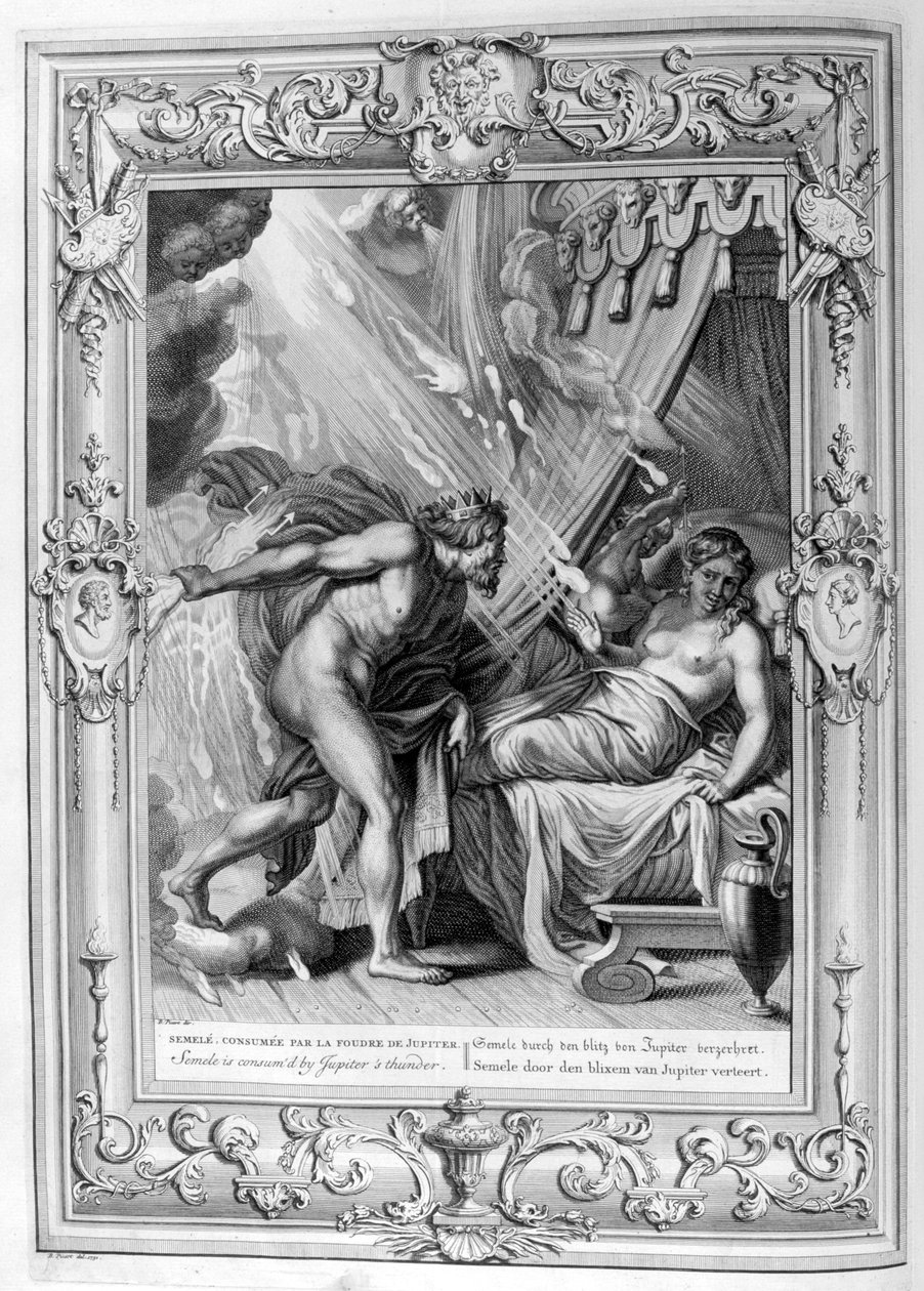 Semele wird von Jupiters Feuer verzehrt, 1733 von Bernard Picart