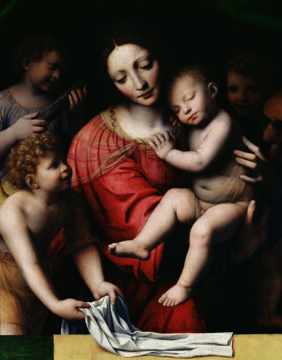 Der schlafende Jesus oder Madonna mit dem schlafenden Kind, begleitet von drei Engeln, 1532 von Bernardino Luini