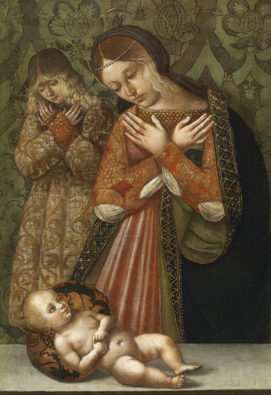 Maria und ein Engel in Anbetung des Kindes von Bernardino di Bosio Zaganelli