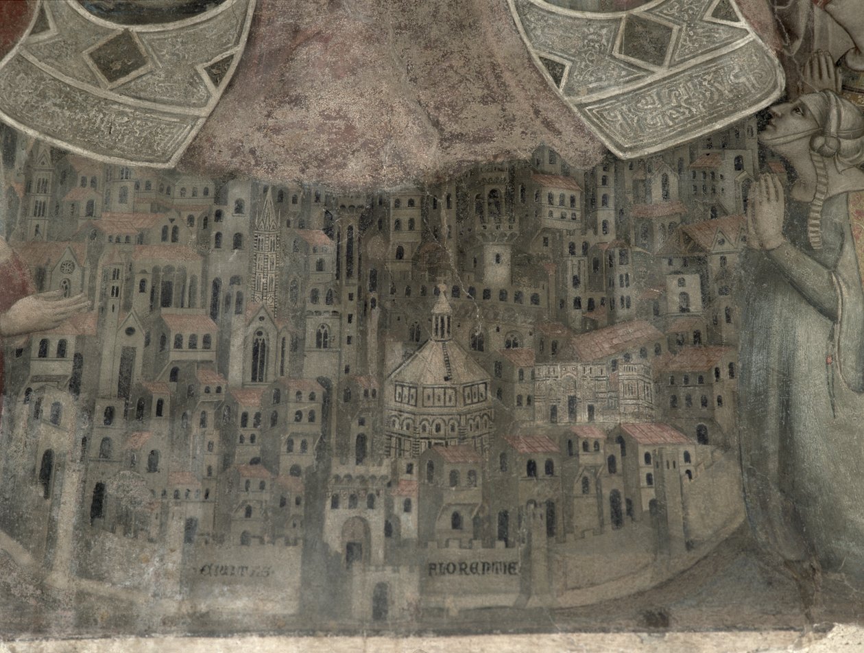 Die Madonna della Misericordia mit Blick auf Florenz, 1342 (Detail) von Bernardo Daddi