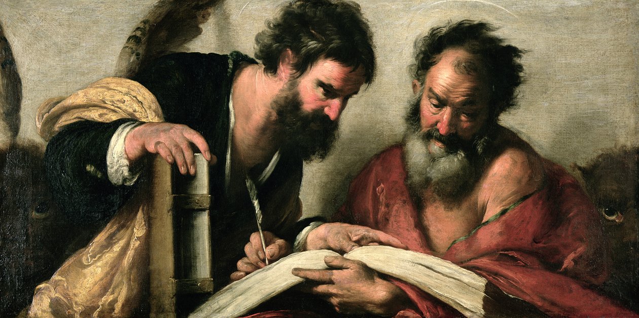 Die Heiligen Johannes der Evangelist und Markus diskutieren ihre Schriften von Bernardo Strozzi
