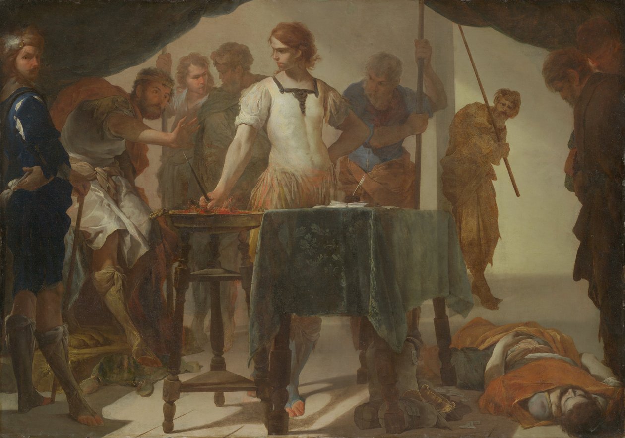 Mucius Scaevola konfrontiert König Porsenna von Bernardo Cavallino