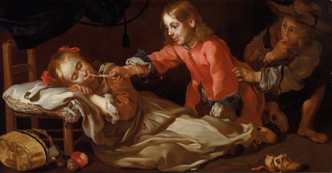 Schlafendes Mädchen mit zwei spielenden Kindern (Allegorie des Tastsinns) von Bernhard Keil